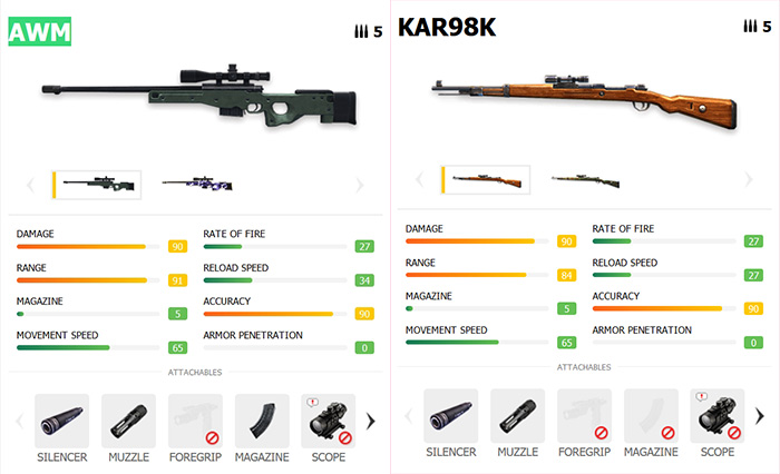 Sniper rifles AWM and KAR98K in Free Fire.